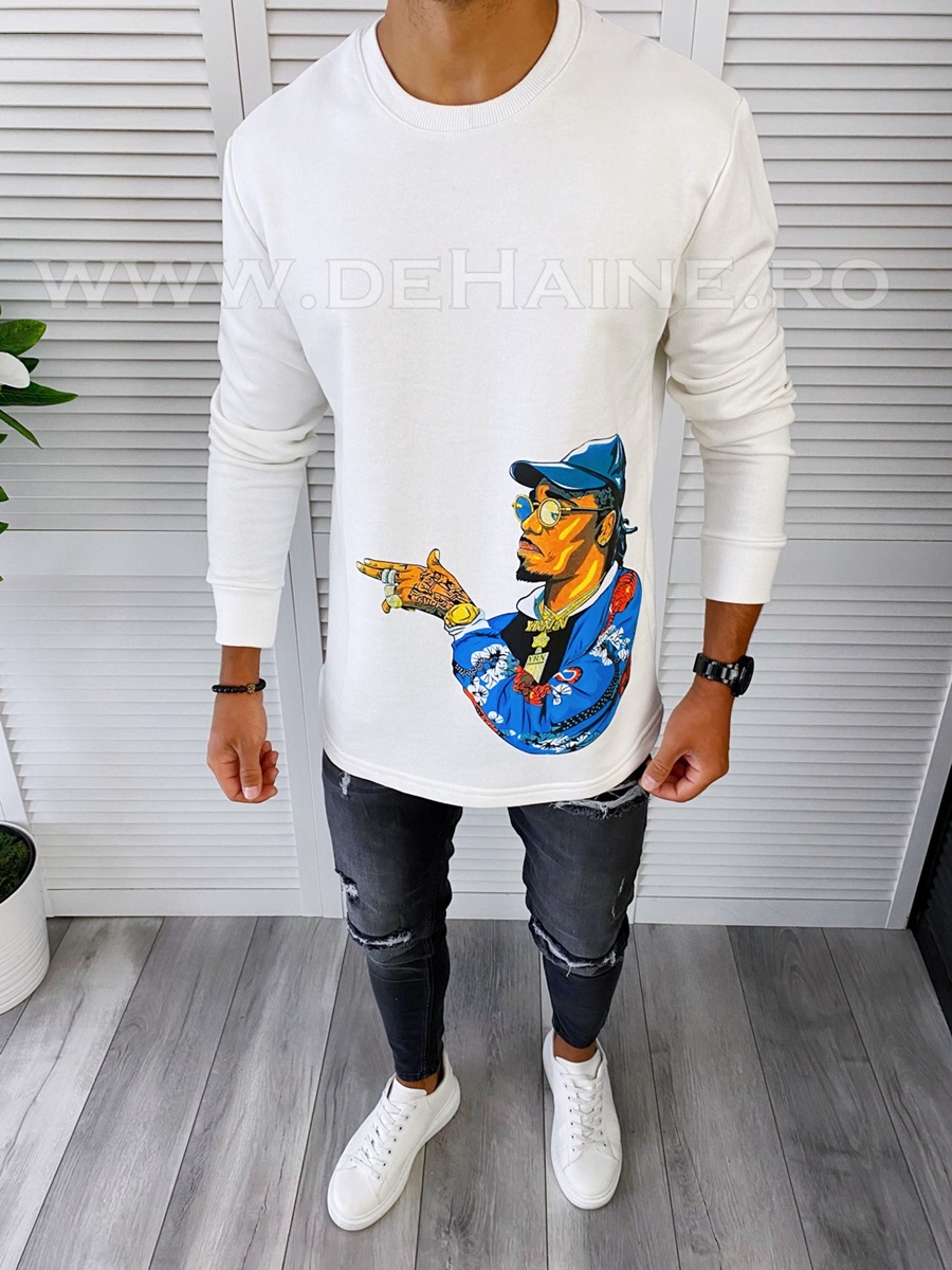 Bluza barbati alba slim fit cu imprimeu k214 i7-3 e