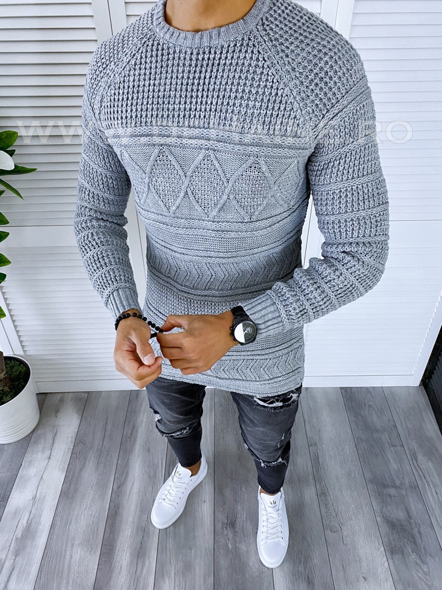 Pulover barbati gros slim fit gri deschis t3614 i1-3