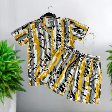 Compleu de vara camasa cu imprimeu + pantaloni galben 13275