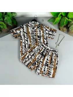 Compleu de vara camasa cu imprimeu + pantaloni maro 13275