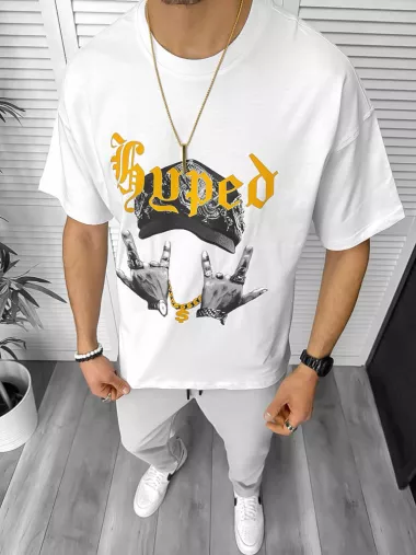 Tricou barbati alb, cu imprimeu, oversize Y171 24-4.1