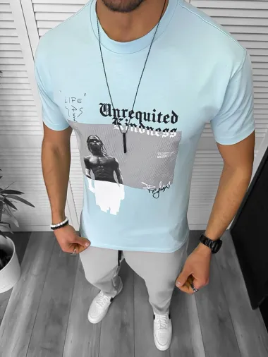 Tricou barbati albastru, cu imprimeu, slim Y205 22A-4.2