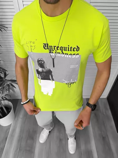 Tricou barbati galben neon, cu imprimeu, slim Y205 22A-5.2