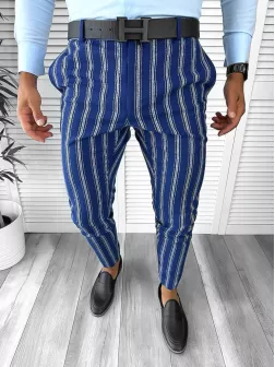 Pantaloni barbati eleganti bleumarin cu dungi B1606 Y13-3