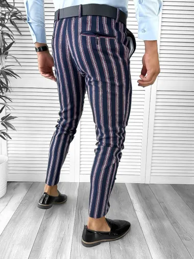 Pantaloni barbati eleganti bleumarin cu dungi B1603 Z35-1