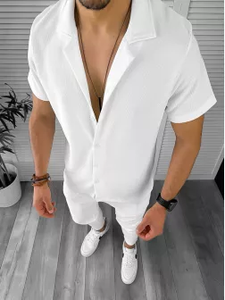 Trening barbati slim fit alb camasa + pantaloni 8203
