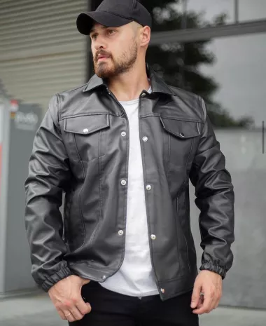 Geaca barbati neagra piele ecologica 12204 T13-1 Geaca barbati neagra piele ecologica 12204 T13-1