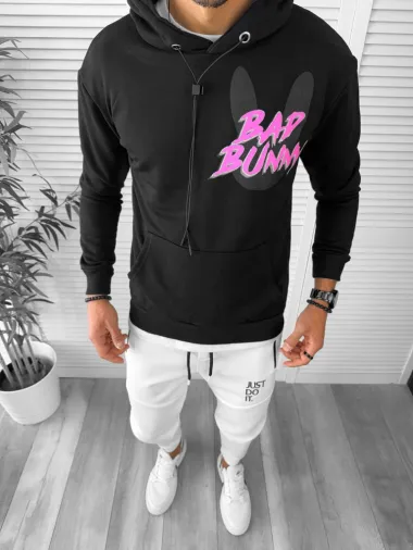 Hanorac barbati negru cu imprimeu pe spate slim fit K082 I1-5