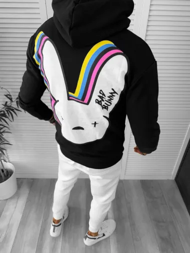 Hanorac barbati negru cu imprimeu pe spate slim fit K082 I1-5