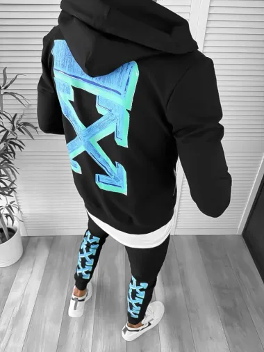 Trening barbati slim fit negru cu albastru Pantaloni + Hanorac 12931 D8