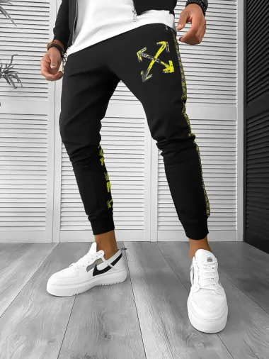 Trening barbati slim fit negru cu galben Pantaloni + Hanorac 12931 I14-4