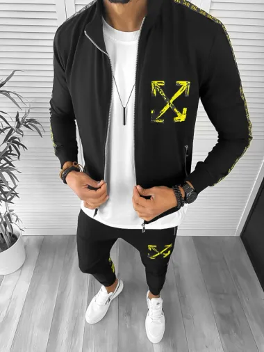 Trening barbati slim fit negru cu galben Pantaloni + Hanorac 12931 I14-4