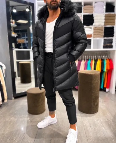 Geaca barbati groasa de iarna, lunga, neagra cu blana neagra 2254