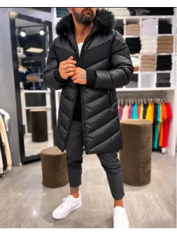 Geaca barbati groasa de iarna, lunga, neagra cu blana neagra 2254