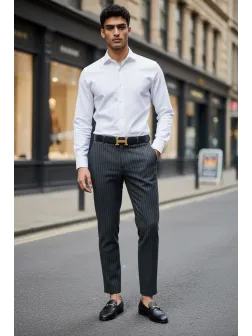 Pantaloni barbati eleganti gri cu dungi 1028