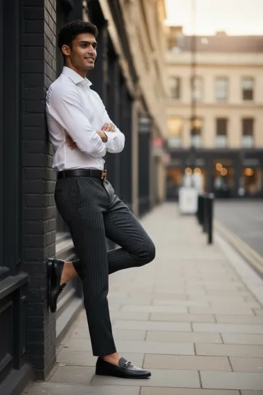 Pantaloni barbati eleganti gri cu dungi 1028