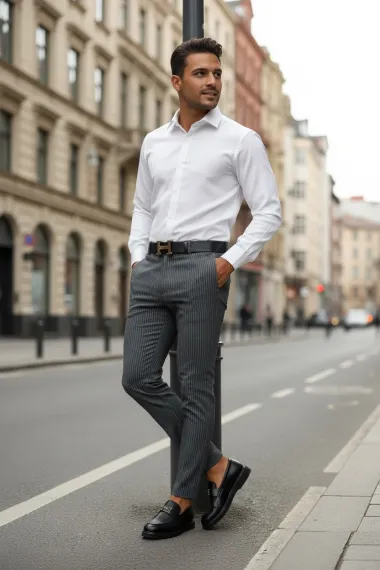 Pantaloni barbati eleganti gri cu dungi 13543