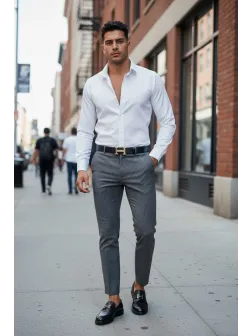 Pantaloni barbati eleganti gri cu dungi 13543