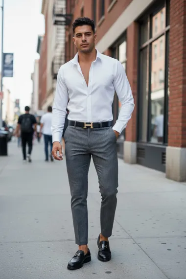 Pantaloni barbati eleganti gri cu dungi 13543
