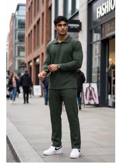Trening barbati slim fit kaki Pantaloni + Hanorac 7500