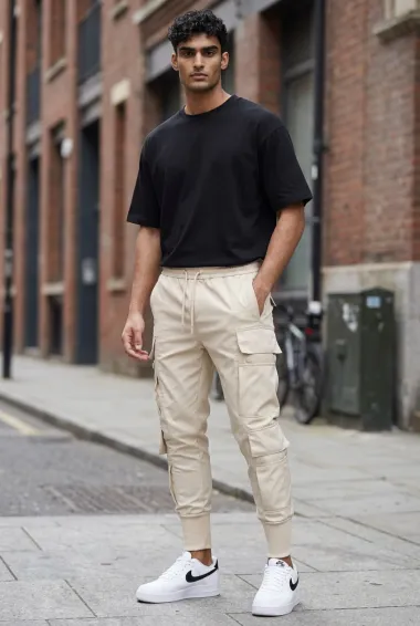 Pantaloni de trening cargo, bej, conici k075