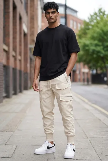 Pantaloni de trening cargo, bej, conici y081