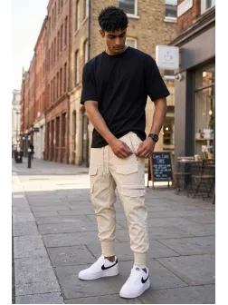 Pantaloni de trening cargo, bej, conici y081