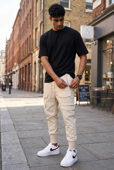 Pantaloni de trening cargo, bej, conici y081