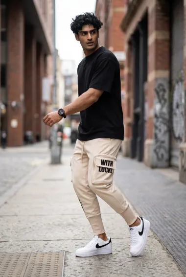 Pantaloni de trening cargo, bej, conici y089
