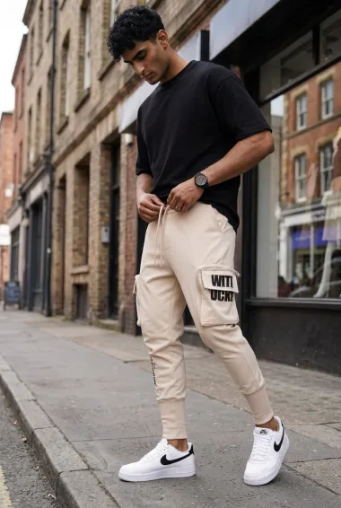 Pantaloni de trening cargo, bej, conici y089
