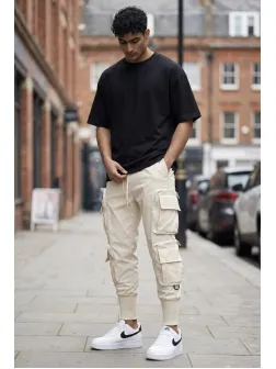 Pantaloni de trening cargo, bej, conici y093