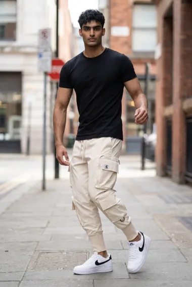 Pantaloni de trening cargo, bej, conici y093
