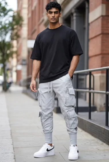 Pantaloni de trening cargo, gri, conici y093