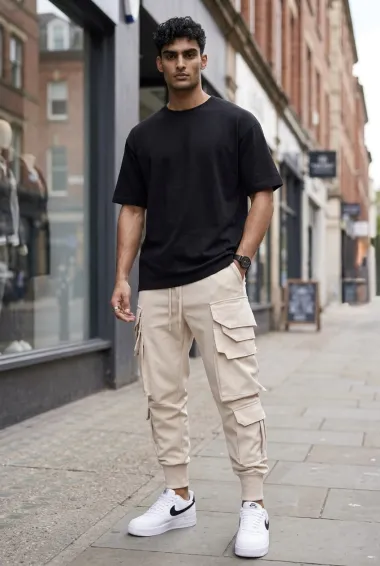 Pantaloni de trening cargo, bej, conici y223