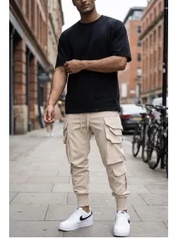 Pantaloni de trening cargo, bej, conici y223