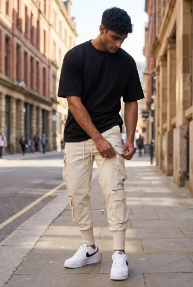 Pantaloni de trening cargo, bej, conici y224