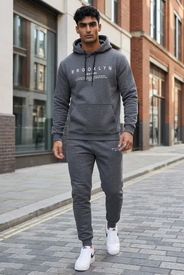 Trening barbati slim fit Pantaloni + Hanorac, gri, vatuit 13521