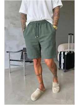 Pantaloni scurti din in, lejeri, kaki BG8005