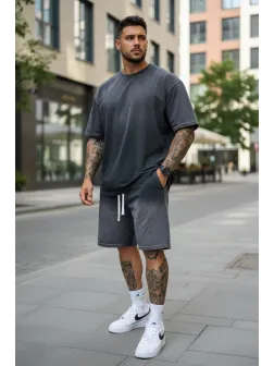 Compleu de vara tricou oversize + pantaloni gri inchis 202