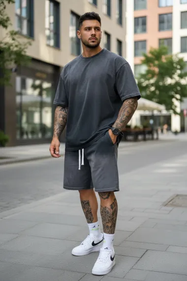 Compleu de vara tricou oversize + pantaloni gri inchis 202