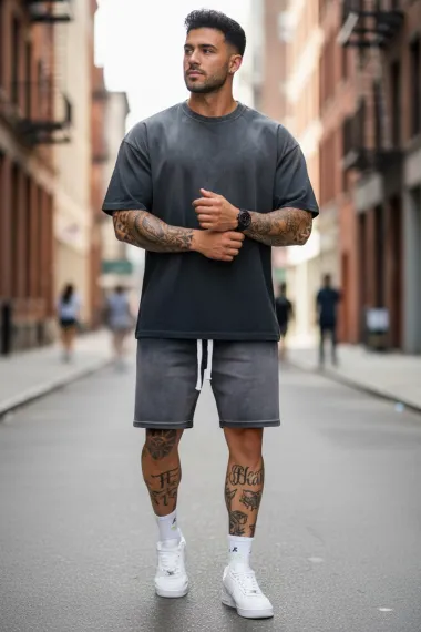 Compleu de vara tricou oversize + pantaloni gri inchis 202