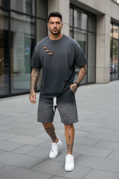 Compleu de vara tricou oversize + pantaloni gri inchis 2700