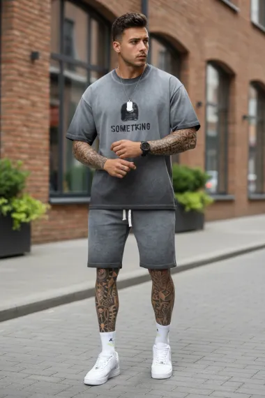 Compleu de vara tricou oversize + pantaloni gri 206
