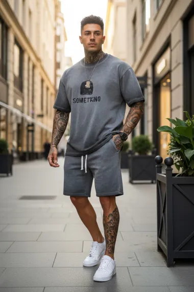 Compleu de vara tricou oversize + pantaloni gri 206