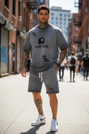 Compleu de vara tricou oversize + pantaloni gri 208