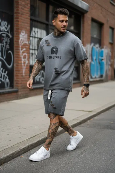 Compleu de vara tricou oversize + pantaloni gri 208