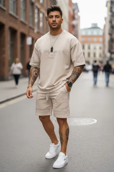 Compleu de vara tricou oversize + pantaloni bej 2513