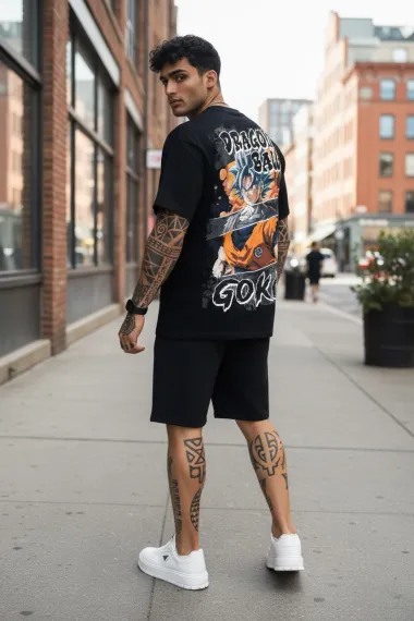 Compleu de vara tricou oversize + pantaloni negru 547