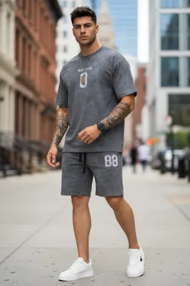 Compleu de vara tricou oversize + pantaloni gri SA21