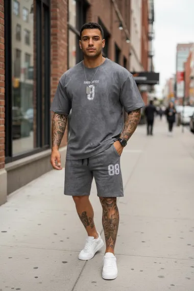 Compleu de vara tricou oversize + pantaloni gri SA21